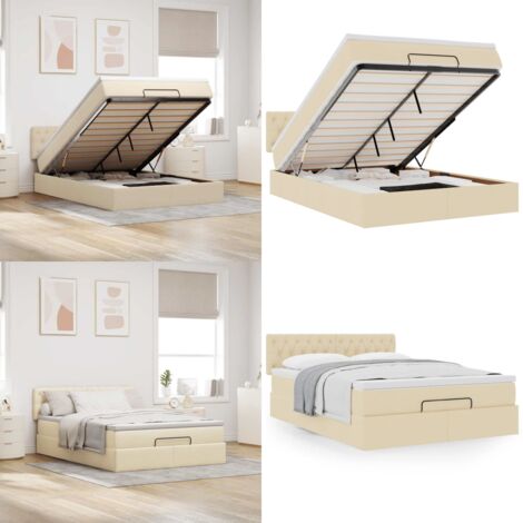 Pouf Letto con Materasso Crema 140x200 cm in Tessuto - Materasso a molle - Letto con stoccaggio