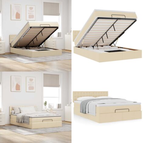 Pouf Letto con Materasso Crema 140x200 cm in Tessuto - Materasso a molle - Letto con stoccaggio