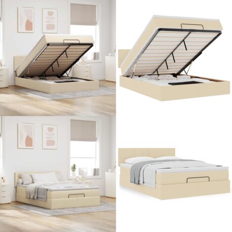Pouf Letto con Materasso Crema 140x200 cm in Tessuto - Materasso a molle - Letto con stoccaggio