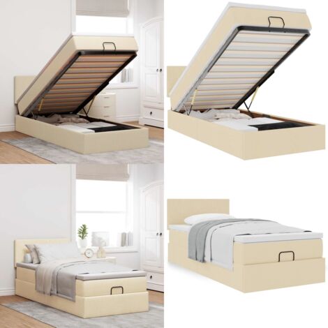 Pouf Letto con Materasso Crema 90x200 cm in Tessuto - Materasso a molle insacchettate - Letto con stoccaggio