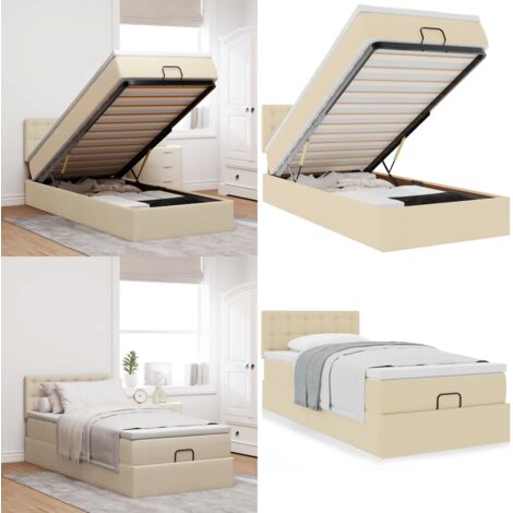 Pouf Letto con Materasso Crema 90x200 cm in Tessuto - Materasso a molle insacchettate - Letto con stoccaggio