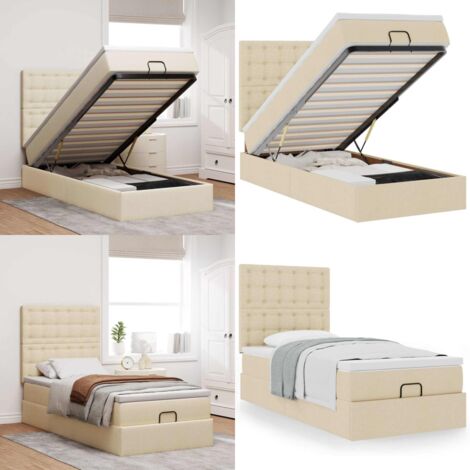 Pouf Letto con Materasso Crema 90x200 cm in Tessuto - Materasso a molle insacchettate - Letto con stoccaggio