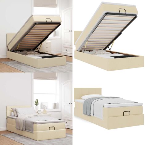 Pouf Letto con Materasso Crema 90x200 cm in Tessuto - Materasso a molle insacchettate - Letto con stoccaggio