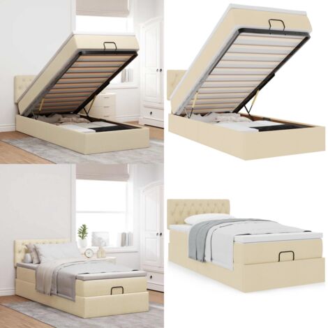 Pouf Letto con Materasso Crema 90x200 cm in Tessuto - Materasso a molle insacchettate - Letto con stoccaggio