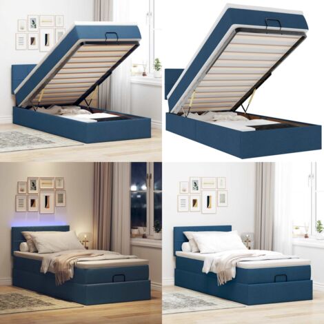 Pouf Letto con Materasso e LED Blu 100x200 cm in Tessuto - Materasso a molle - Luci a LED