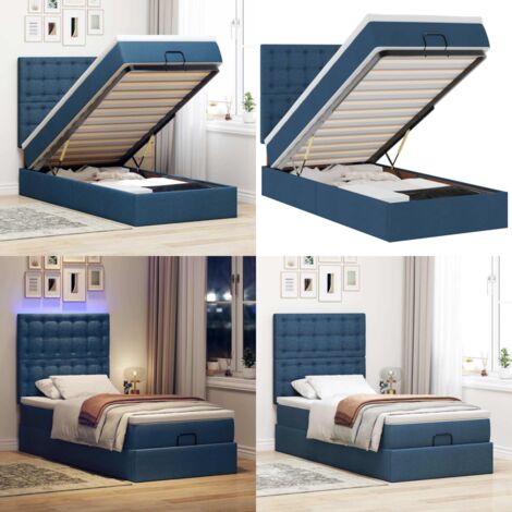 Pouf Letto con Materasso e LED Blu 90x200 cm in Tessuto - Materasso a molle insacchettate - Letto con luci LED