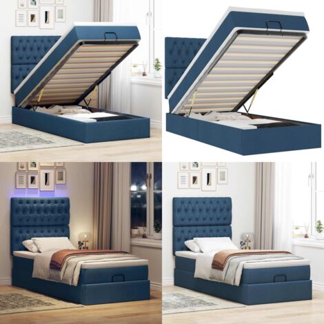 Pouf Letto con Materasso e LED Blu 90x200 cm in Tessuto - Materasso a molle insacchettate - Letto con luci LED