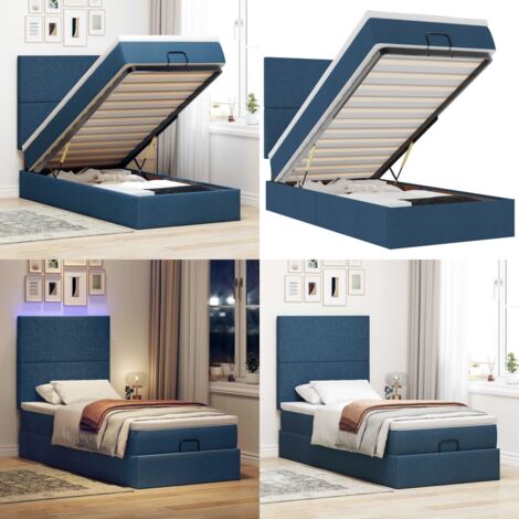 Pouf Letto con Materasso e LED Blu 90x200 cm in Tessuto - Materasso a molle insacchettate - Letto con luci LED