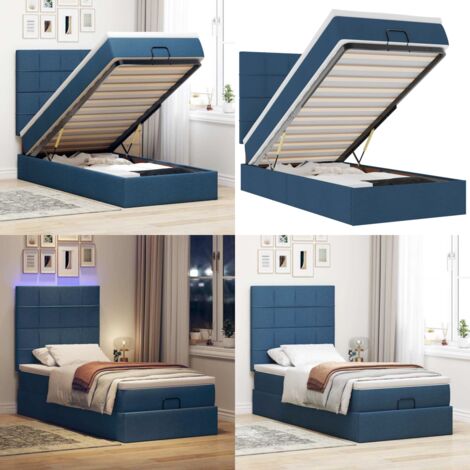 Pouf Letto con Materasso e LED Blu 90x200 cm in Tessuto - Materasso a molle insacchettate - Letto con luci LED