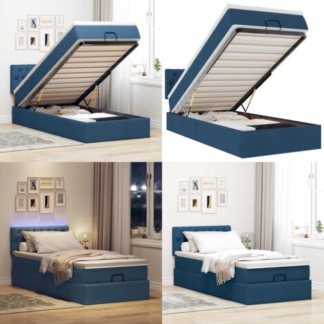 Pouf Letto con Materasso e LED Blu 90x200 cm in Tessuto - Materasso a molle - Luci a LED