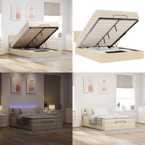 Pouf Letto con Materasso e LED Crema 140x190 cm - Materasso a molle - Luci a LED