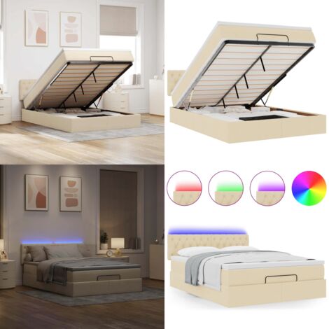Pouf Letto con Materasso e LED Crema 140x200 cm in Tessuto - Materasso a molle - Luci a LED