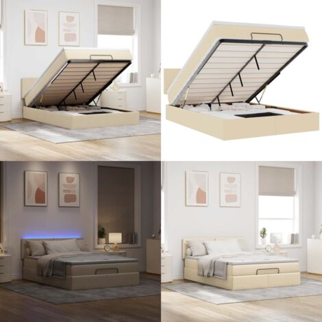 Pouf Letto con Materasso e LED Crema 140x200 cm in Tessuto - Materasso a molle - Luci a LED