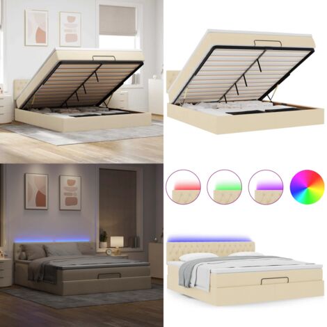 Pouf Letto con Materasso e LED Crema 180x200cm in Tessuto - Materasso a molle - Coprimaterasso