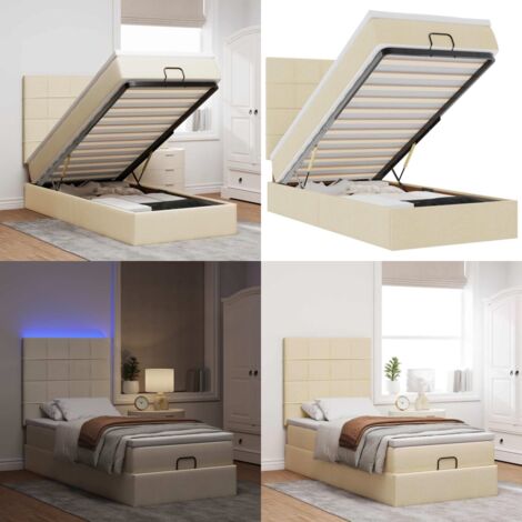Pouf Letto con Materasso e LED Crema 90x200 cm in Tessuto - Materasso a molle insacchettate - Letto con luci LED