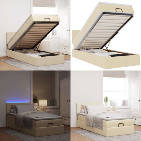 Pouf Letto con Materasso e LED Crema 90x200 cm in Tessuto - Materasso a molle - Luci a LED