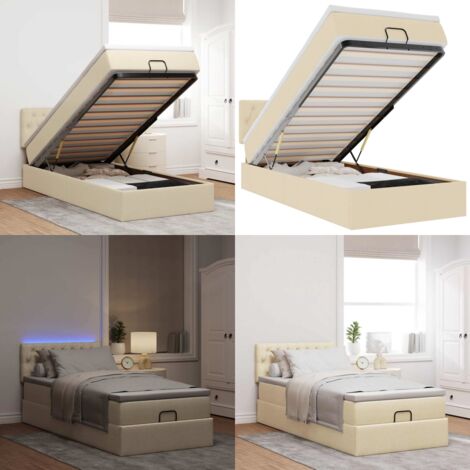 Pouf Letto con Materasso e LED Crema 90x200 cm in Tessuto - Materasso a molle - Luci a LED