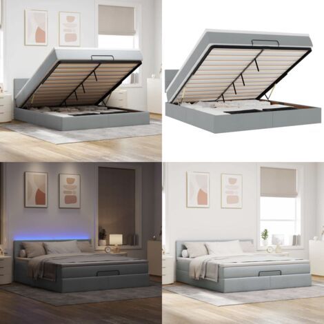 Pouf Letto con Materasso e LED Grigio Chiaro 180x200cm Tessuto - Materasso a molle - Letto con luci LED