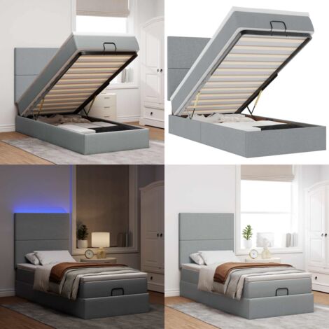 Pouf Letto con Materasso e LED Grigio Chiaro 90x200 cm Tessuto - Materasso a molle insacchettate - Letto con luci LED