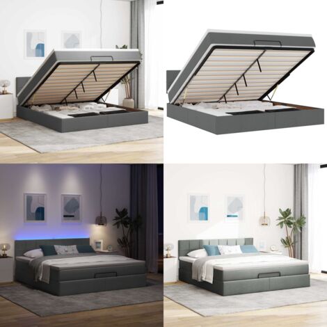 Pouf Letto con Materasso e LED Grigio Scuro 180x200cm Tessuto - Materasso a molle insacchettate - Stoccaggio sotto il letto