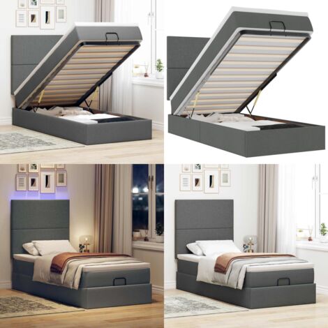 Pouf Letto con Materasso e LED Grigio Scuro 90x200 cm Tessuto - Materasso a molle insacchettate - Letto con luci LED