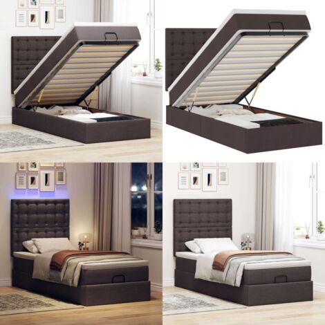 Pouf Letto con Materasso e LED Marrone Scuro 90x200 cm Tessuto - Materasso a molle insacchettate - Letto con luci LED