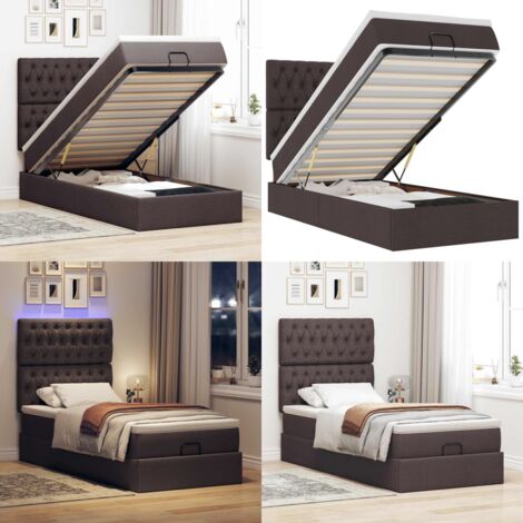 Pouf Letto con Materasso e LED Marrone Scuro 90x200 cm Tessuto - Materasso a molle - Letto con luci LED