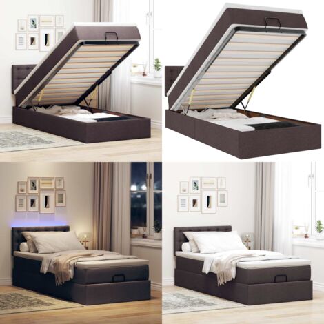 Pouf Letto con Materasso e LED Marrone Scuro 90x200 cm Tessuto - Materasso a molle - Luci a LED