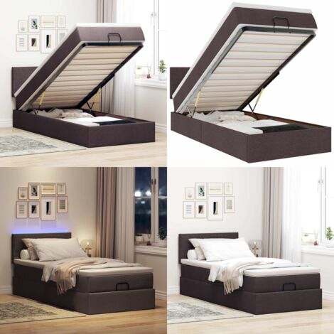 Pouf Letto con Materasso e LED Marrone Scuro 90x200 cm Tessuto - Materasso a molle - Luci a LED