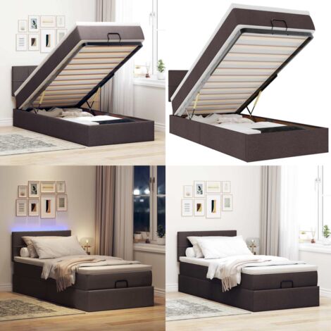 Pouf Letto con Materasso e LED Marrone Scuro 90x200 cm Tessuto - Materasso a molle - Luci a LED