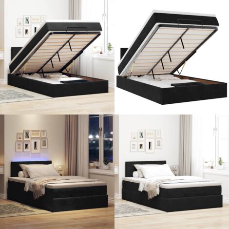 Pouf Letto con Materasso e LED Nero 120x190cm in Velluto - Materasso a molle insacchettate - Letto con luci LED