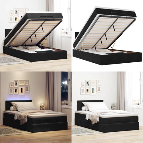Pouf Letto con Materasso e LED Nero 120x190cm in Velluto - Materasso a molle insacchettate - Letto con luci LED