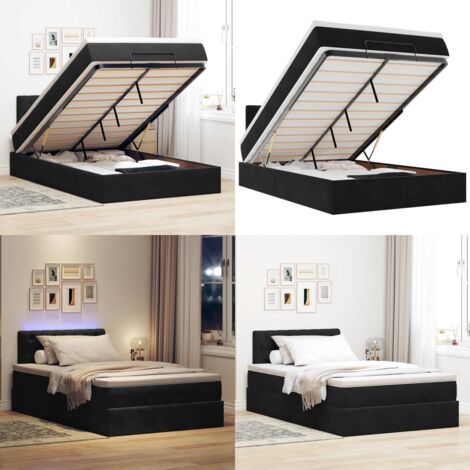 Pouf Letto con Materasso e LED Nero 120x190cm in Velluto - Materasso a molle insacchettate - Letto con luci LED