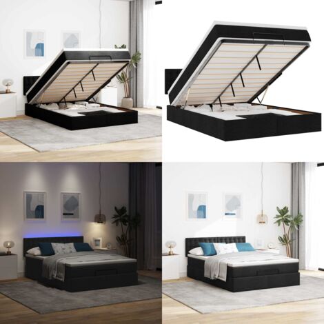 Pouf Letto con Materasso e LED Nero 140x200 cm in Tessuto - Materasso a molle - Luci a LED
