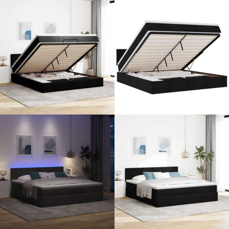 Pouf Letto con Materasso e LED Nero 180x200cm Tessuto - Materasso a molle insacchettate - Letto con luci LED
