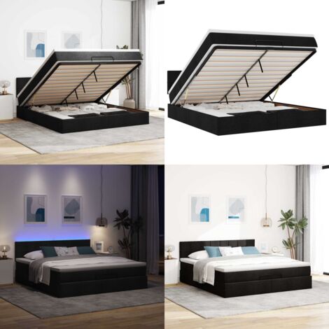 Pouf Letto con Materasso e LED Nero 180x200cm Tessuto - Materasso a molle insacchettate - Letto con luci LED