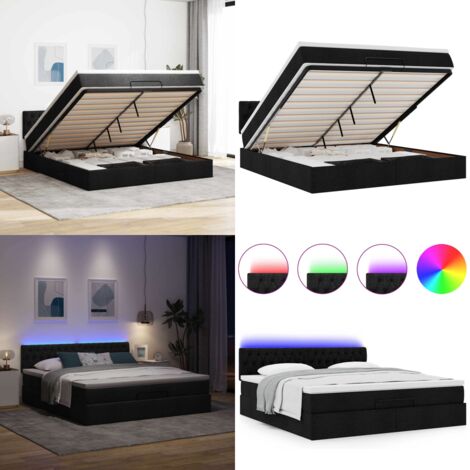 Pouf Letto con Materasso e LED Nero 180x200cm Tessuto - Materasso a molle insacchettate - Letto con luci LED