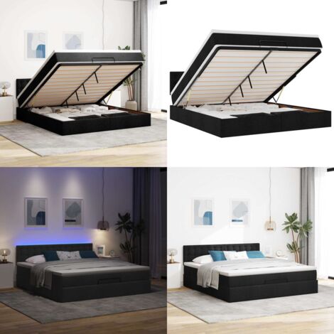 Pouf Letto con Materasso e LED Nero 180x200cm Tessuto - Materasso a molle insacchettate - Letto con luci LED
