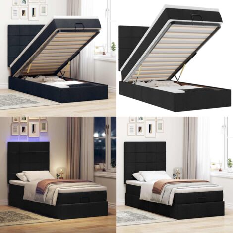 Pouf Letto con Materasso e LED Nero 80x200cm in Tessuto - Materasso a molle insacchettate - Letto con luci LED