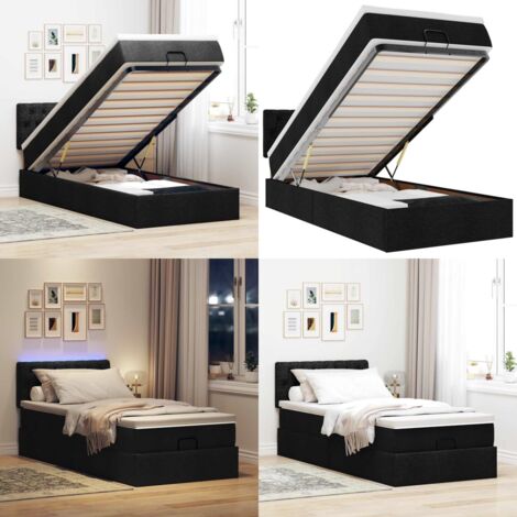 Pouf Letto con Materasso e LED Nero 80x200cm in Tessuto - Materasso a molle insacchettate - Letto con luci LED