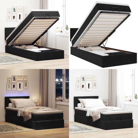 Pouf Letto con Materasso e LED Nero 80x200cm in Velluto - Materasso a molle insacchettate - Giroletto con testiera
