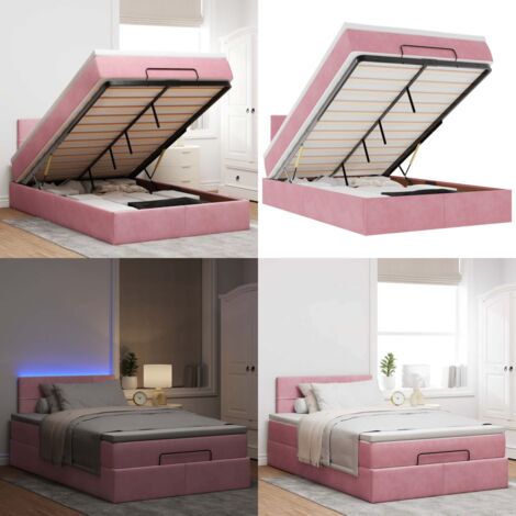 Pouf Letto con Materasso e LED Rosa 120x190cm in Velluto - Materasso con molle - Letto con luci LED