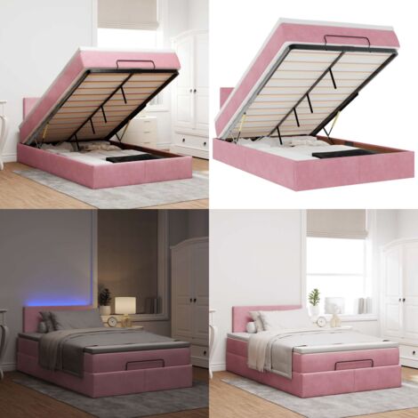 Pouf Letto con Materasso e LED Rosa 120x190cm in Velluto - Materasso con molle - Letto con luci LED