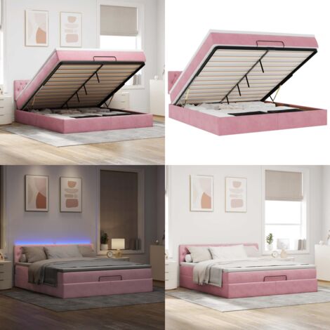 Pouf Letto con Materasso e LED Rosa 180x200cm in Velluto - Materasso a molle insacchettate - Coprimaterasso