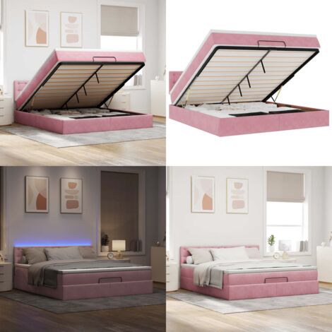 Pouf Letto con Materasso e LED Rosa 180x200cm in Velluto - Materasso a molle insacchettate - Coprimaterasso