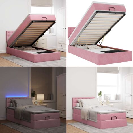 Pouf Letto con Materasso e LED Rosa 80x200cm in Velluto - Materasso a molle insacchettate - Giroletto con testiera