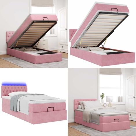 Pouf Letto con Materasso e LED Rosa 80x200cm in Velluto - Materasso a molle insacchettate - Giroletto con testiera