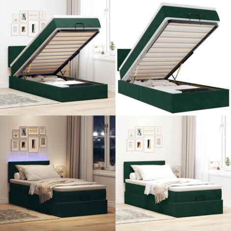 Pouf Letto con Materasso e LED Verde Scuro 80x200cm in Velluto - Materasso a molle - Letto con luci LED