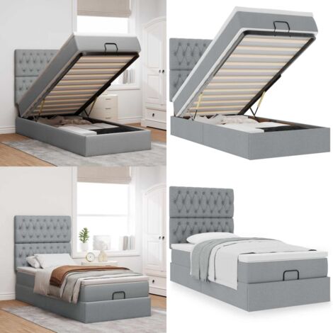 Pouf Letto con Materasso Grigio Chiaro 100x200 cm in Tessuto - Materasso a molle insacchettate - Letto con stoccaggio