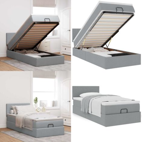 Pouf Letto con Materasso Grigio Chiaro 100x200 cm in Tessuto - Materasso a molle insacchettate - Letto con stoccaggio